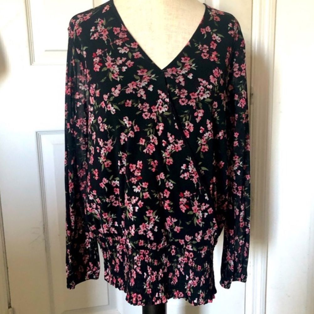 INC XL Black Pink Floral Front Wrap Long Sleeve Gathered Waist Tulle Blouse